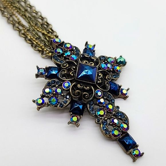 Sweet Romance "PEACOCK MIDNIGHT" Bronze & Deep Blue Swarovski Crystals Cross ✝️ - Picture 11 of 13